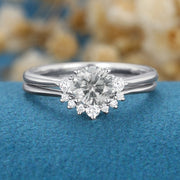 Round cut Gray Moissanite Cluster Engagement ring Bridal Set