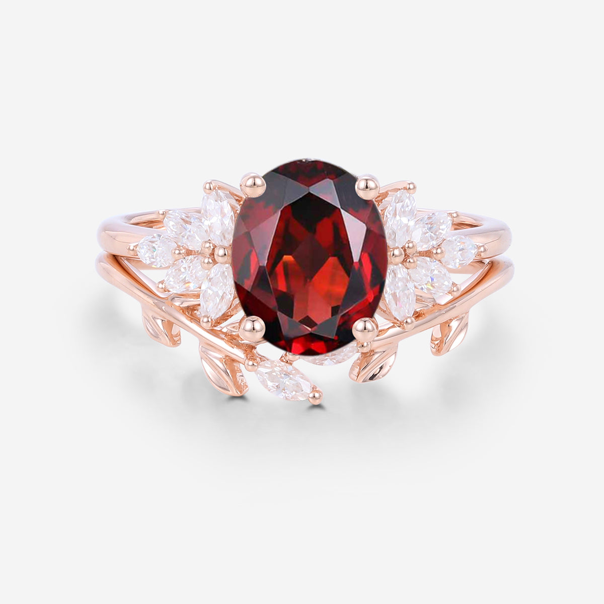 Oval cut garnet Cluster Engagement ring Bridal Set