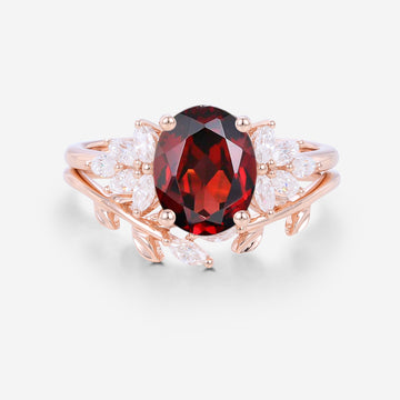 Oval cut garnet Cluster Engagement ring Bridal Set