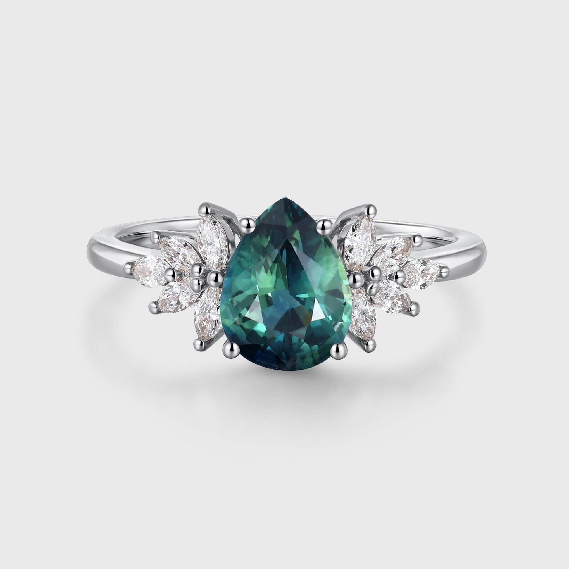 1.2Carat Pear Blue-Green Sapphir Cluster Engagement ring