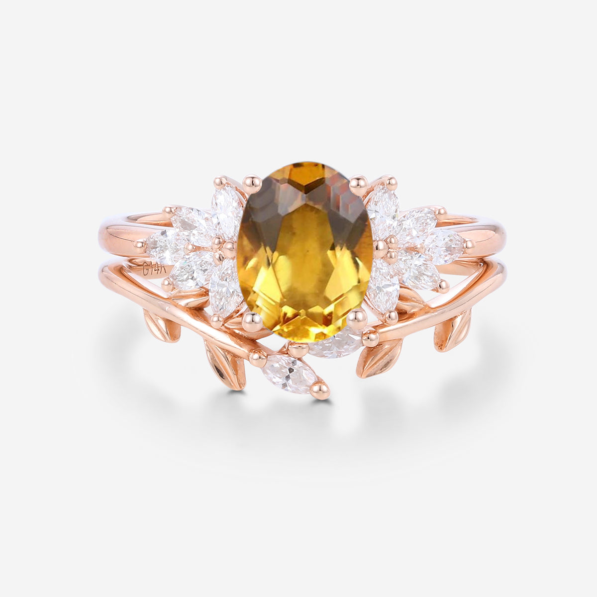 Oval cut Citrine Cluster Engagement ring Bridal Set