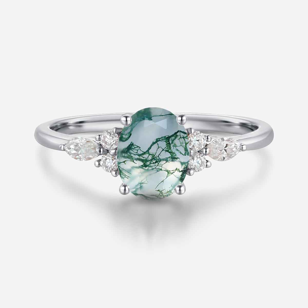 Natural Green Moss Agate Oval cut cluster Engagement Ring