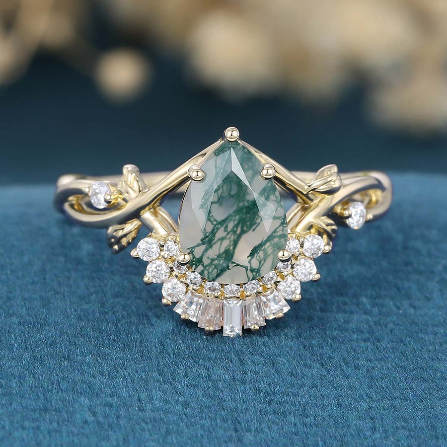 Nature Inspired Pear cut Moss Agate Leaf Gold Engagement Ring