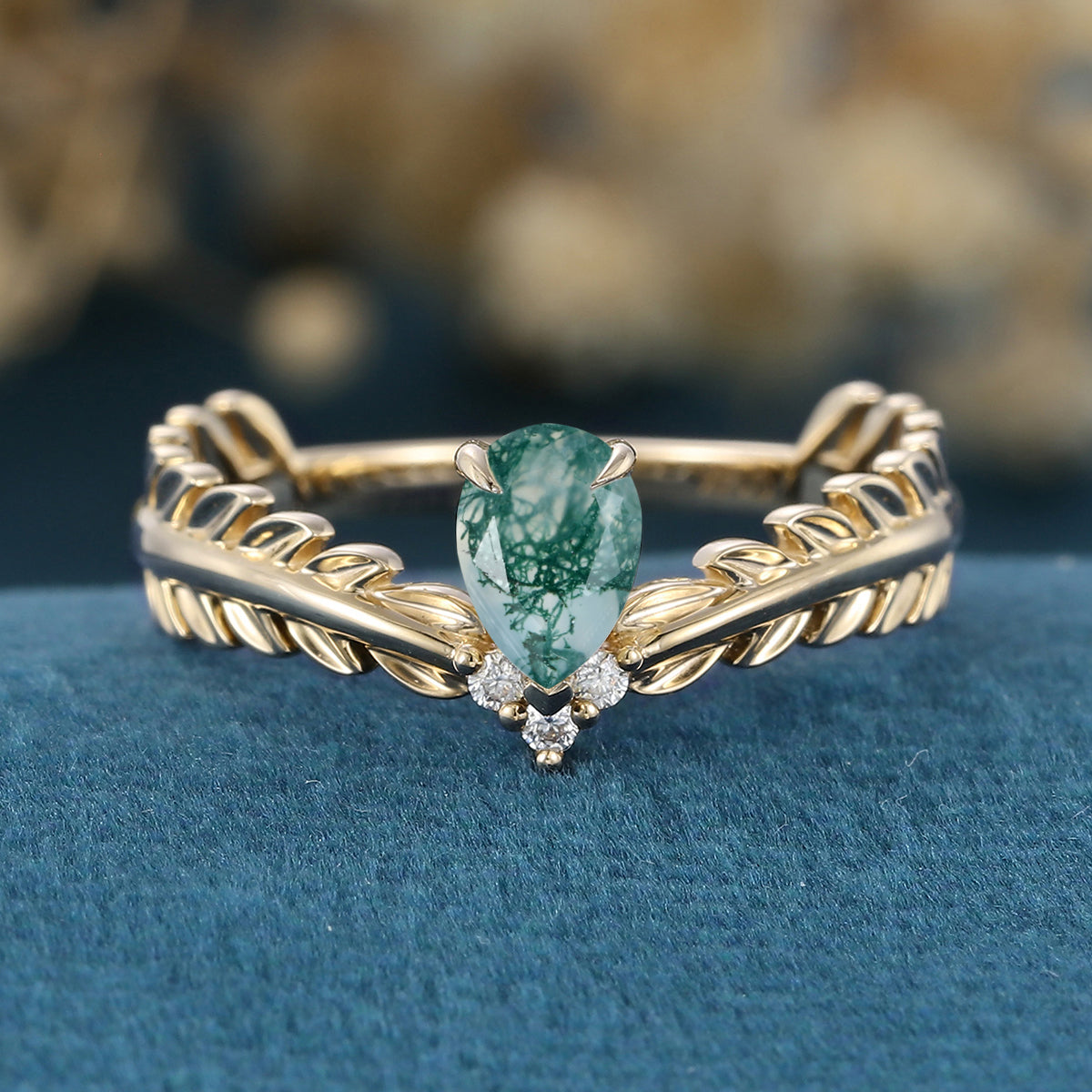 Nature Inspired Pear cut Moss Agate Leaf Gold Engagement Ring