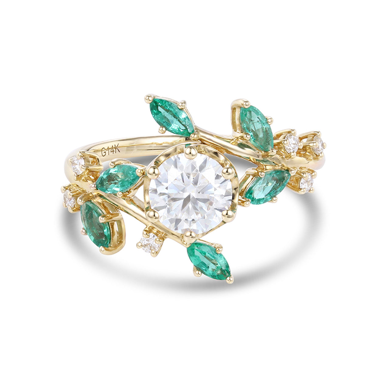 Copy of Nature Inspired Round cut Moissanite | Natural Emeralds Gold Engagement Ring