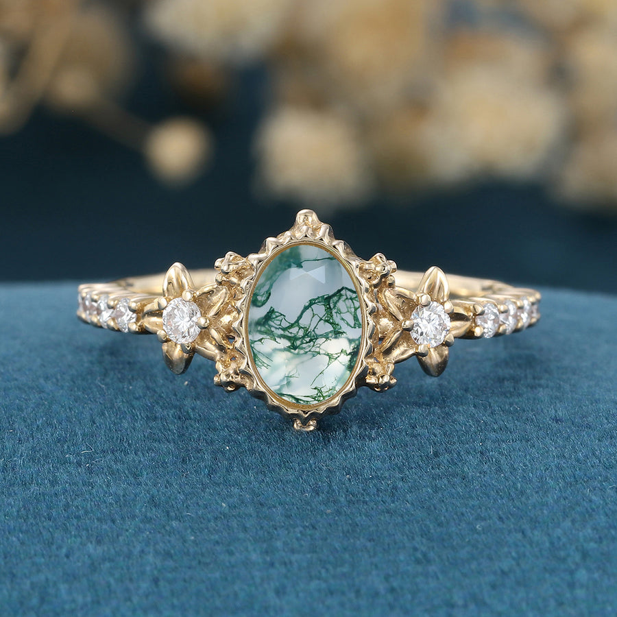 Bezel setting Oval cut Moss Agate Halo Moissanite | Diamonds Gold Engagement Ring