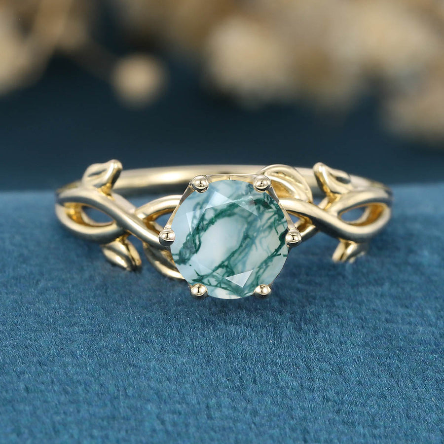 Nature Inspired Roud cut Moss Agate Leaf Gold ring set