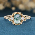 Nature Inspired Round cut Moss Agate Leaf Gold ring set