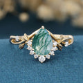 Nature Inspired Pear cut Moss Agate Leaf Gold Engagement Ring