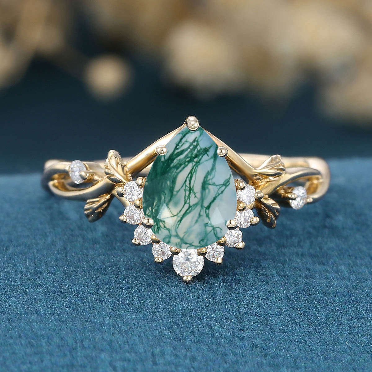 Nature Inspired Pear cut Moss Agate Leaf Gold Engagement Ring