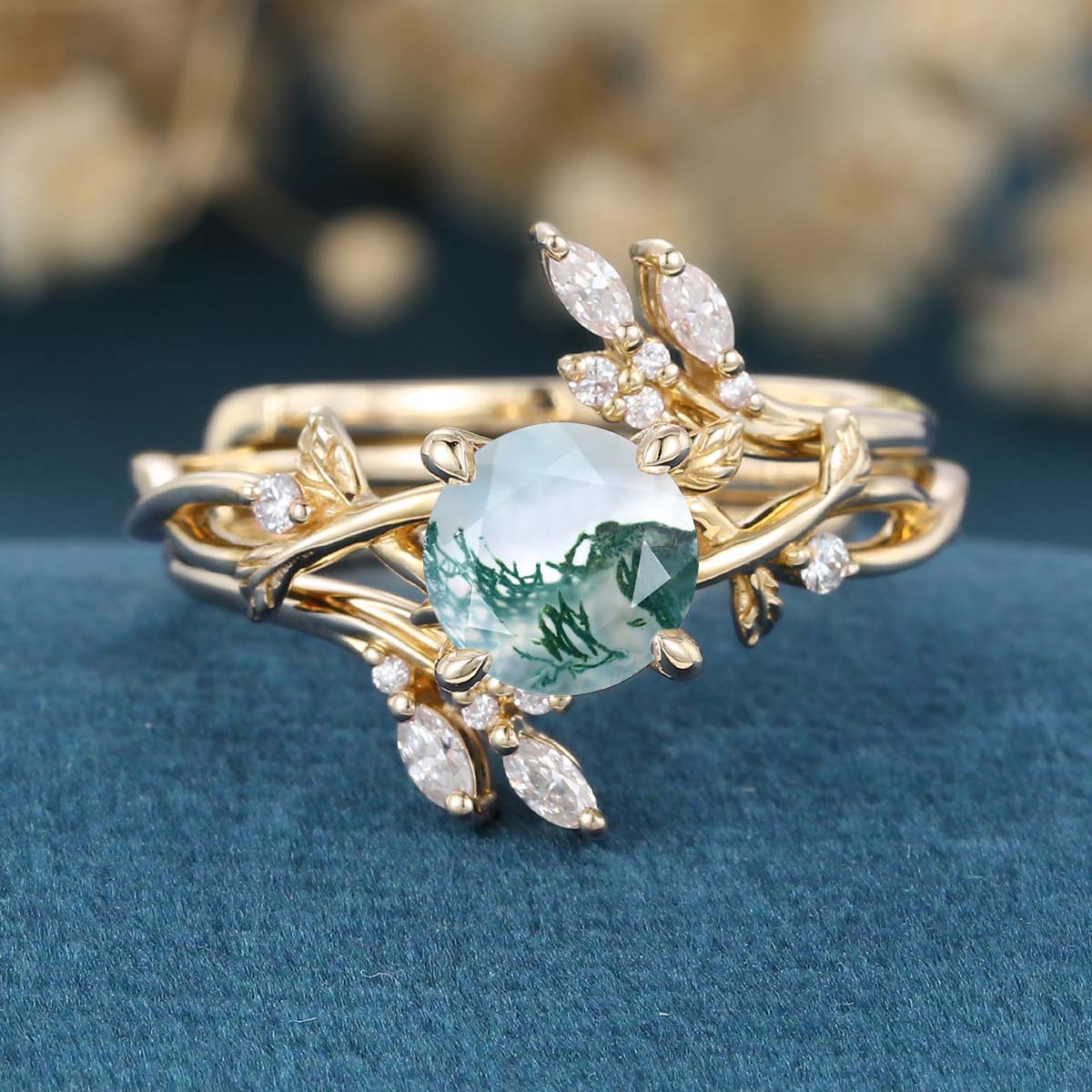 Nature Inspired Round cut Moss Agate Leaf Gold ring set