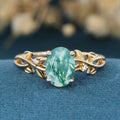 Nature Inspired Oval cut Moss Agate Leaf Gold Engagement Ring