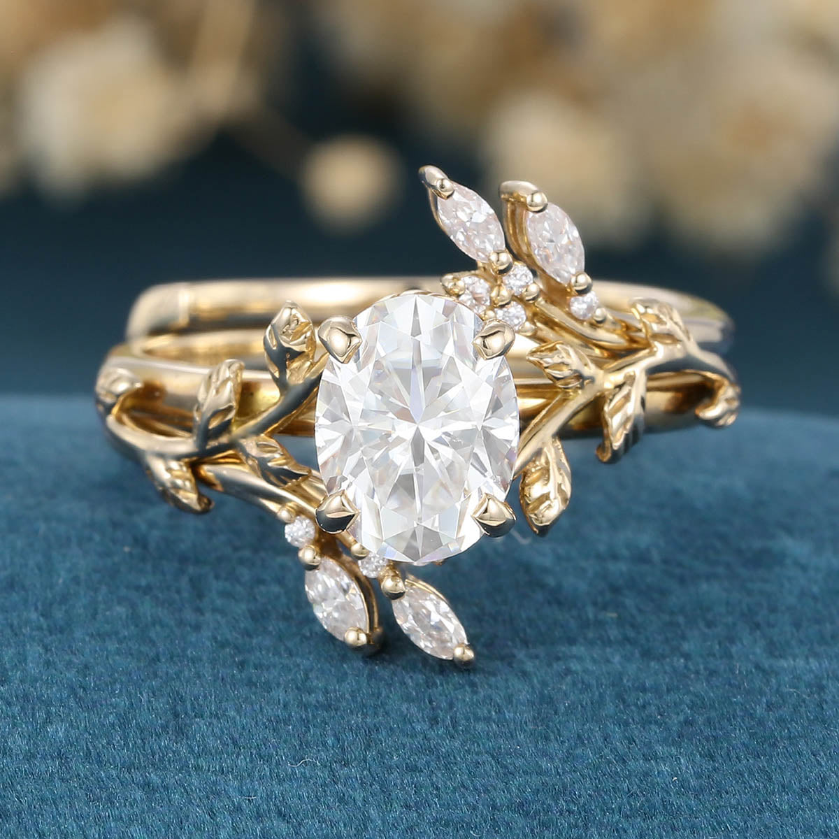 Nature Inspired Oval cut Moissanite Leaf Gold ring set