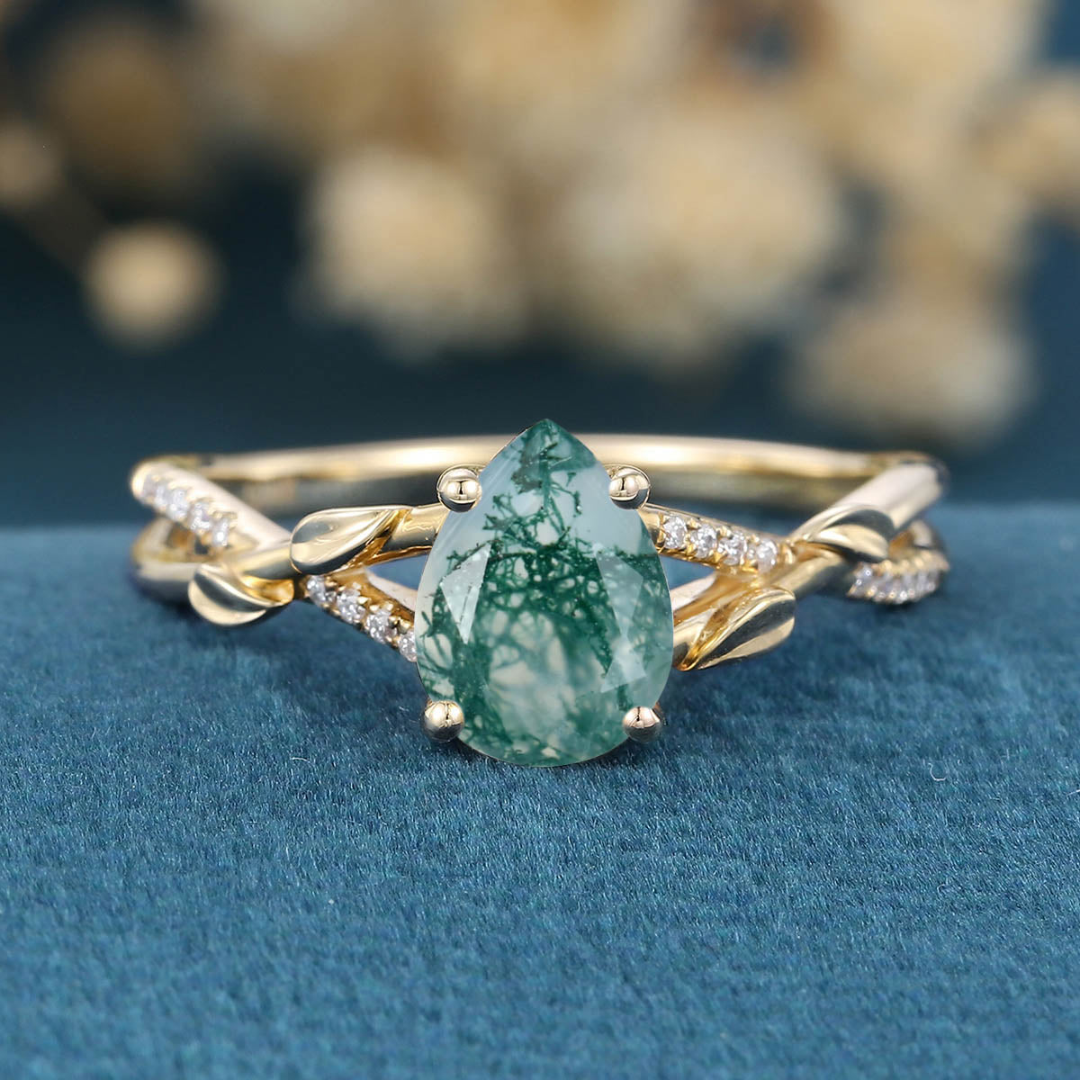 Nature Inspired Pear cut Moss Agate Leaf Gold Engagement Ring