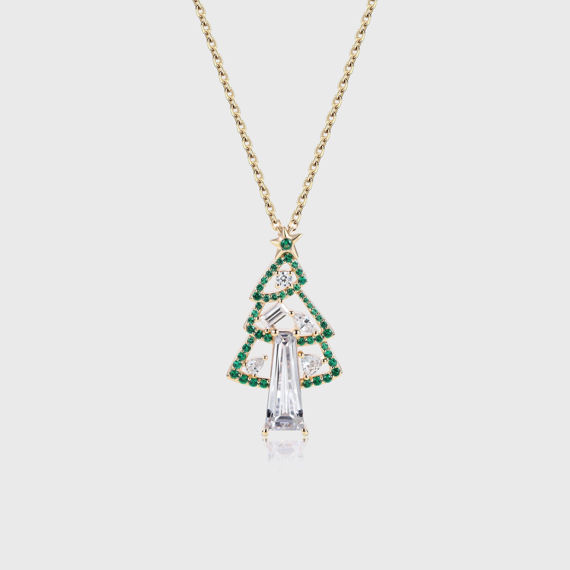 Christmas Tree Pendant Necklace with Moissanite + Lab Emerald Halo Accents