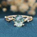 Nature Inspired Oval cut Moss Agate Leaf Gold Engagement Ring