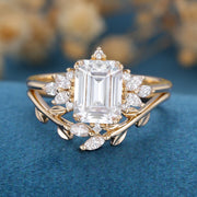 2PCS Emerald cut  Moissanite cluster Engagement Bridal Set
