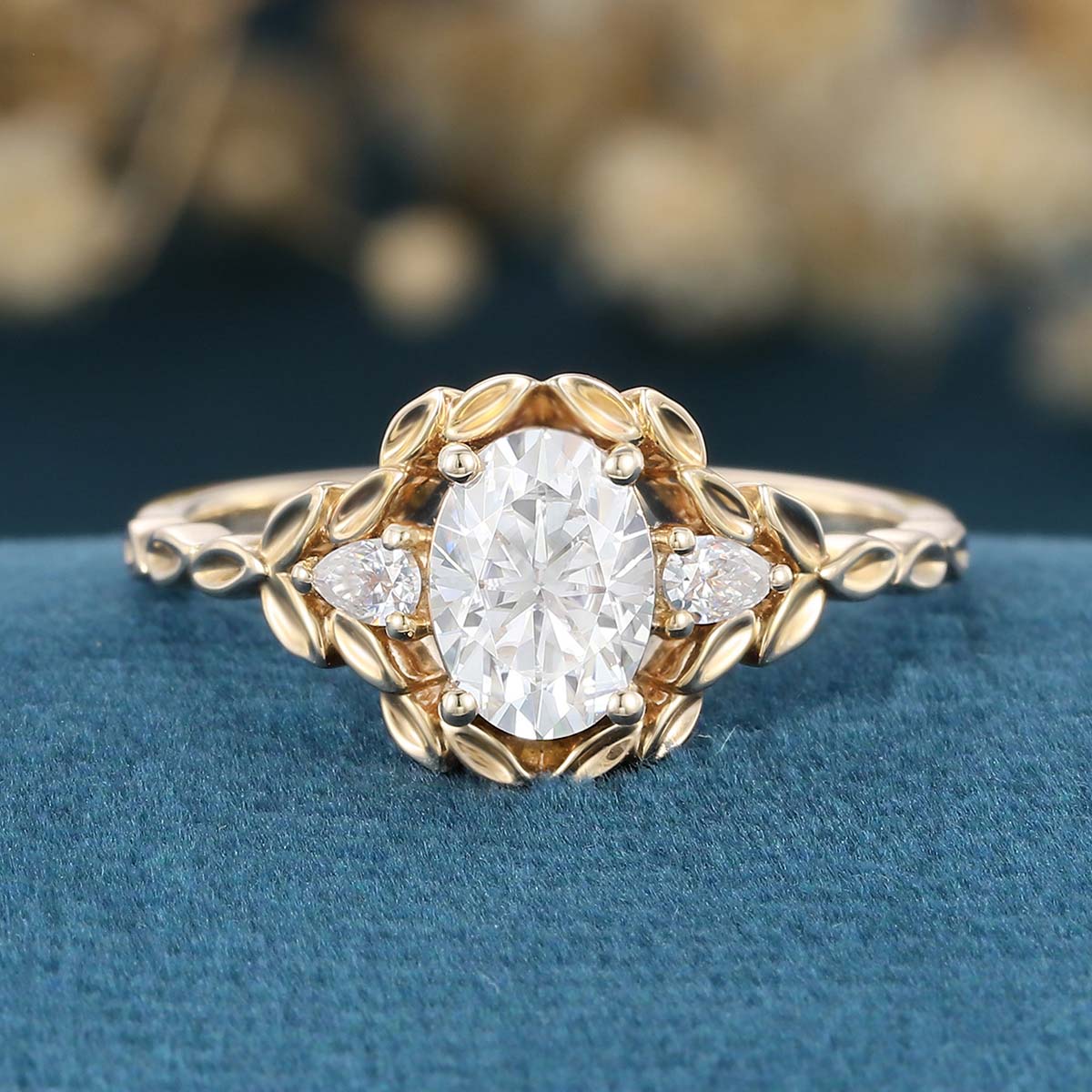 Nature Inspired Round cut Moissanite Leaf Gold Engagement Ring