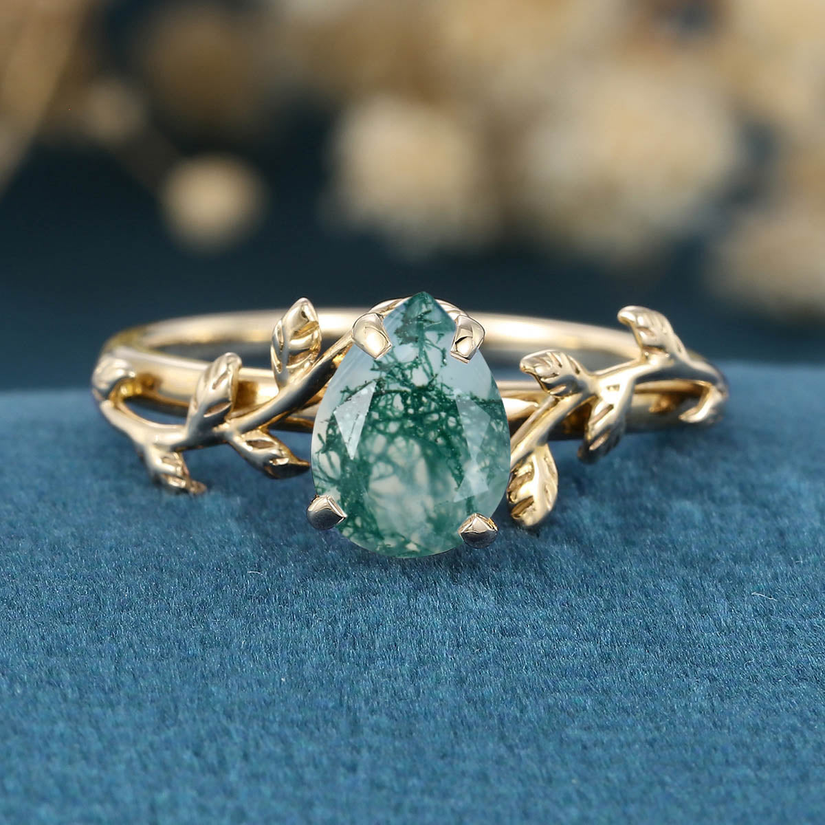 Nature Inspired Pear cut Moss Agate Leaf Gold Engagement Ring