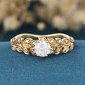 Nature Inspired Round cut Moissanite Leaf Gold Engagement Ring