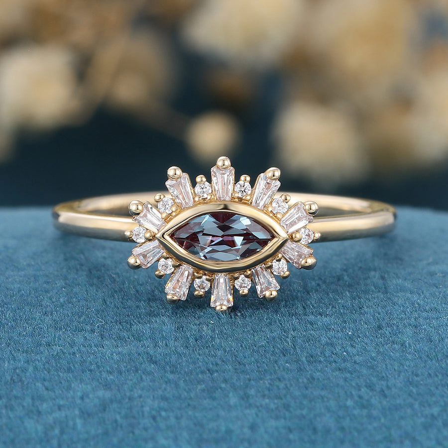 Bezel setting Marquise cut Lab Alexandrite Halo Moissanite | Diamond Gold Engagement Ring