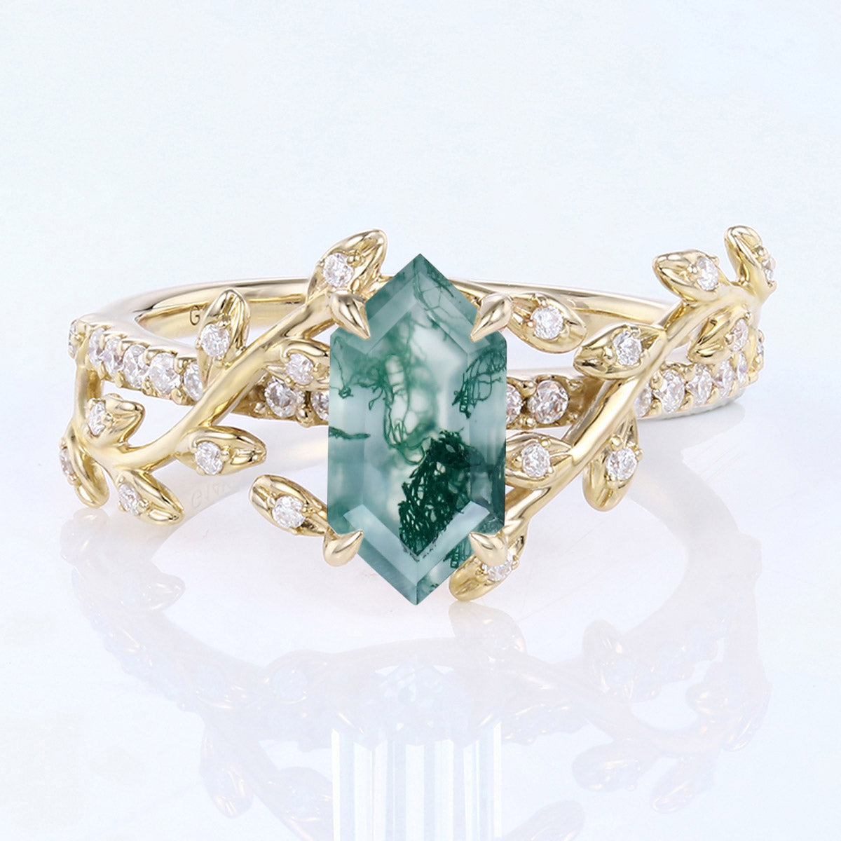 Nature Inspired Long Hexagon cut Moss Agate Leaf Gold Engagement Ring