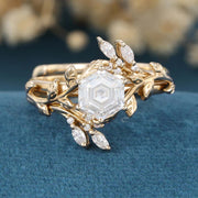 Nature Inspired Hexagon cut Moissanite Leaf Gold ring set