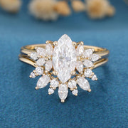1 Carat Vintage Marquise cut Moissanite Cluster Engagement Ring Set
