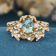 Copy of Nature Inspired Oval cut Moissanite Leaf Gold ring set