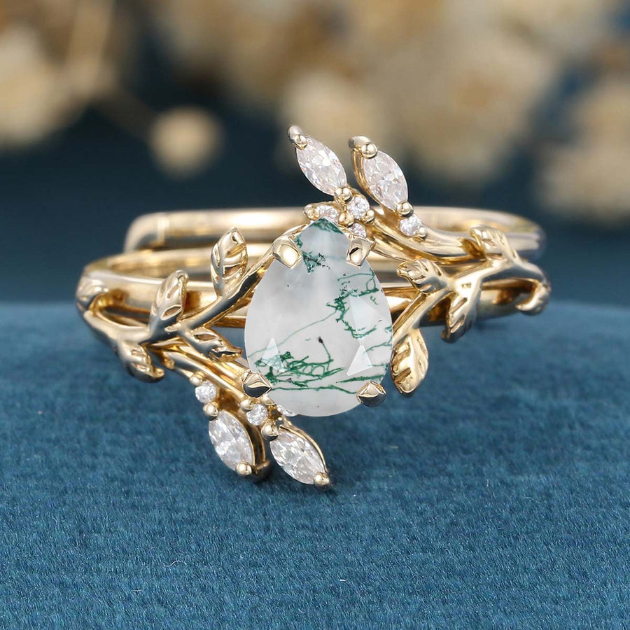 Nature Inspired Pear cut Moss Agate Leaf Gold ring set