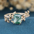 Nature Inspired Emerald cut Moss Agate Leaf Gold Engagement Ring