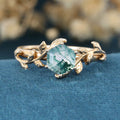 Nature Inspired Hexagon cut Moss Agate Leaf Gold Engagement Ring