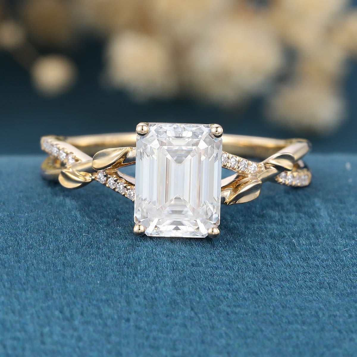 Nature Inspired Emerald cut Moissanite Leaf Gold Engagement Ring