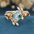 Nature Inspired Hexagon cut Moss Agate Leaf Gold ring set