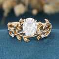 Copy of Nature Inspired Oval cut Moissanite Leaf Gold ring set