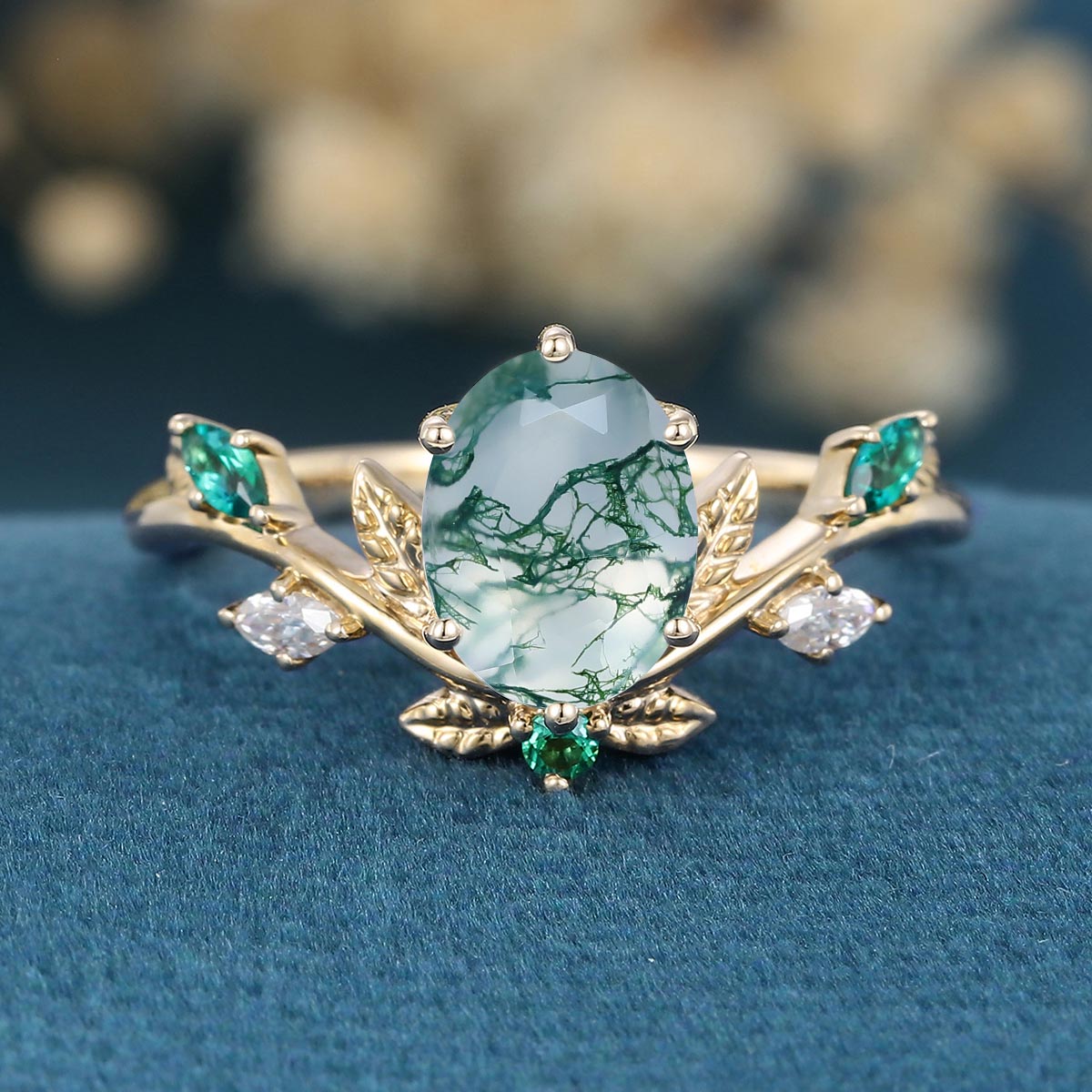 Nature Inspired Oval cut Moss Agate Leaf  Engagement Ring