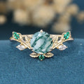 Nature Inspired Round cut Moss Agate Leaf Gold ring set