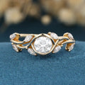 Nature Inspired Round cut Moissanite Leaf Gold Engagement Ring