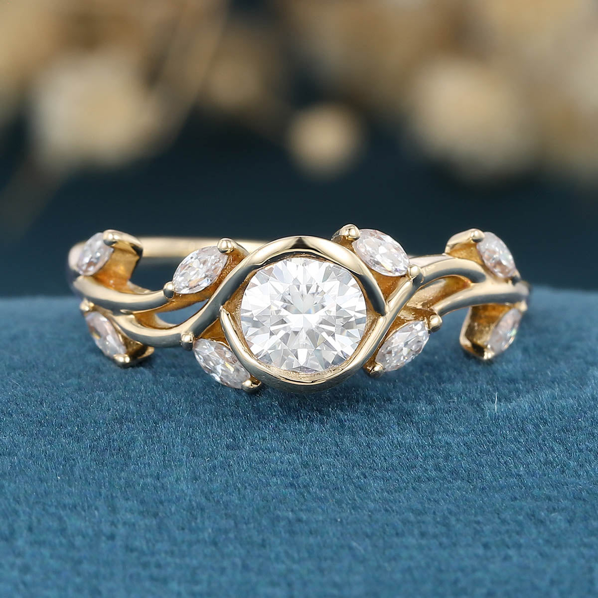 Nature Inspired Round cut Moissanite Leaf Gold Engagement Ring