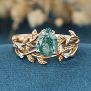 Nature Inspired Pear cut Moss Agate Leaf Gold ring set
