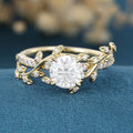 Nature Inspired Round cut Moissanite Leaf Gold Engagement Ring