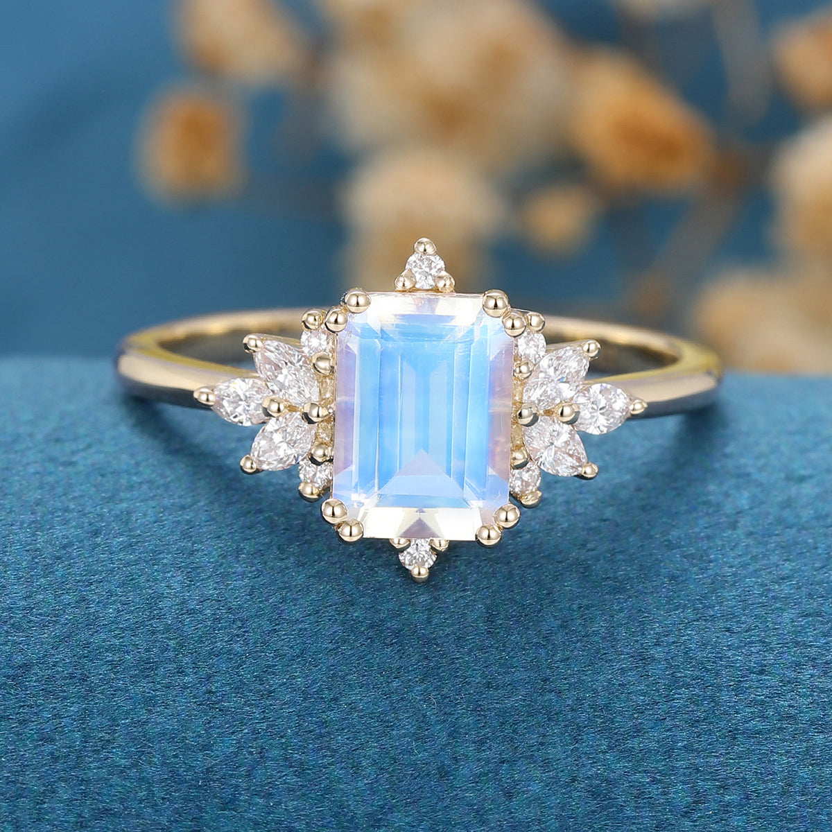 Emerald cut Moonstone Cluster Engagement ring