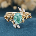 Nature Inspired Oval cut Moss Agate Leaf Gold ring set