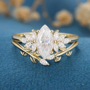 2PCS Marquise Moissanite Cluster Engagement ring Bridal Set