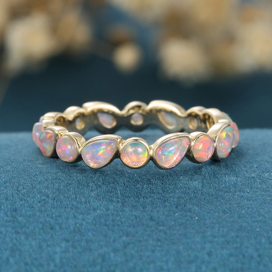 Bezel setting Pear cut Lab Opal Full Eternity Gold Wedding Band