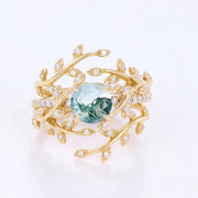 Copy of Nature Inspired Oval cut Moss Agate Leaf Gold Engagement Ring