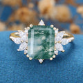 Emerald Cut Natural Green Moss Agate Cluster Engagement Ring