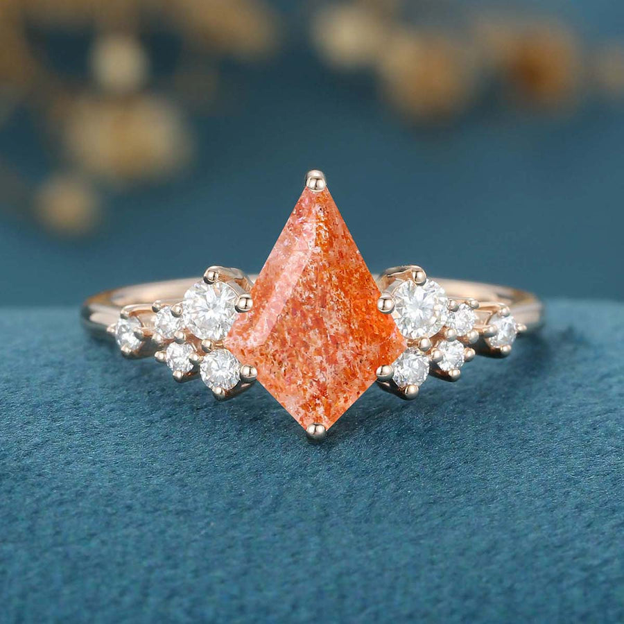 Kite Cut Sunstone Cluster Engagement Ring