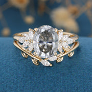 Oval cut Gray Moissanite Cluster Engagement ring Bridal Set