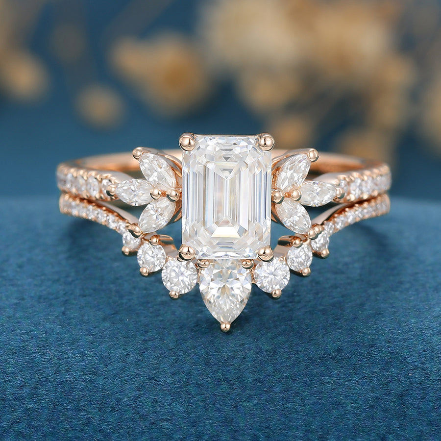 1 Carat Emerald cut Moissanite Cluster Engagement Bridal Set